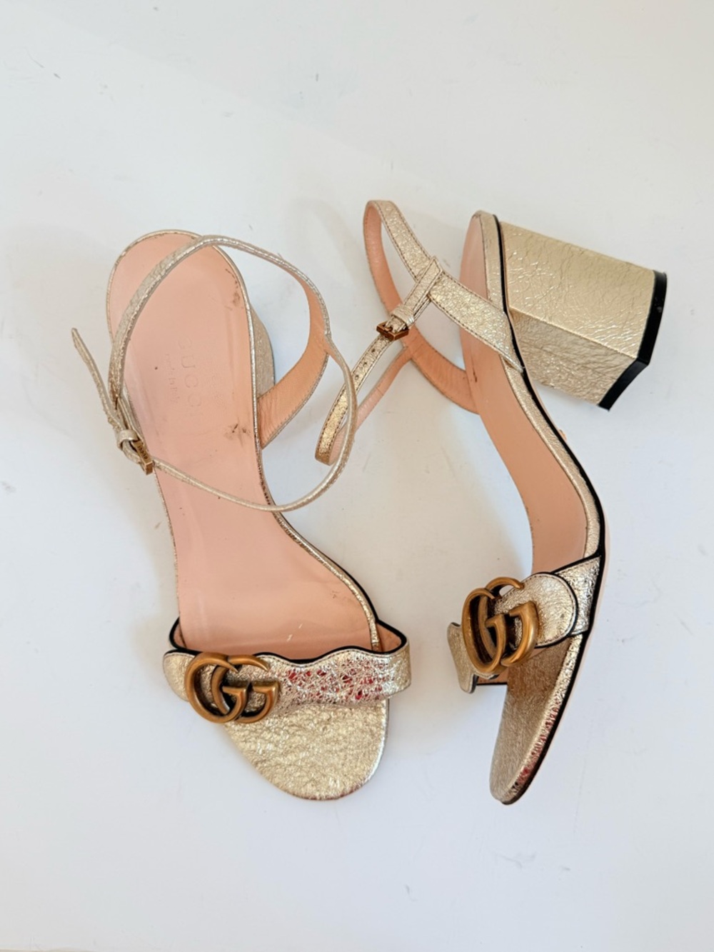 Gucci Metallic Gold Laminate leather GG Marmont Mid heel sandals EU 37.5 US 7.5 - Picture 2 of 10